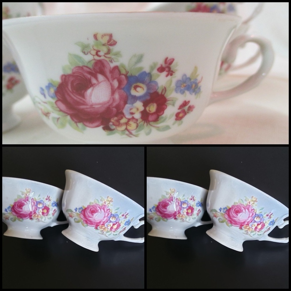 4 Vintage Favolina-Karolina Poland Porcelain Pink Blue Floral Gold Trim Teacups